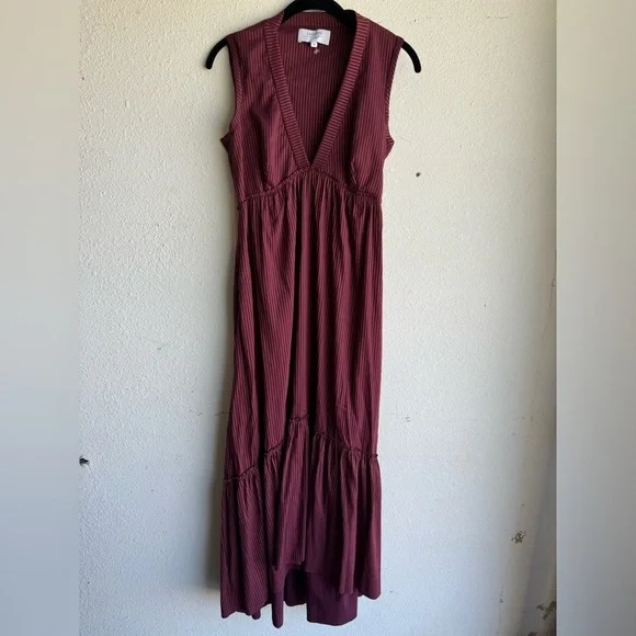 La Ligne | Dresses | La Ligne Burgundy Striped Sleeveless Vneck Ruffle Hem  Maxi Dress | Poshmark